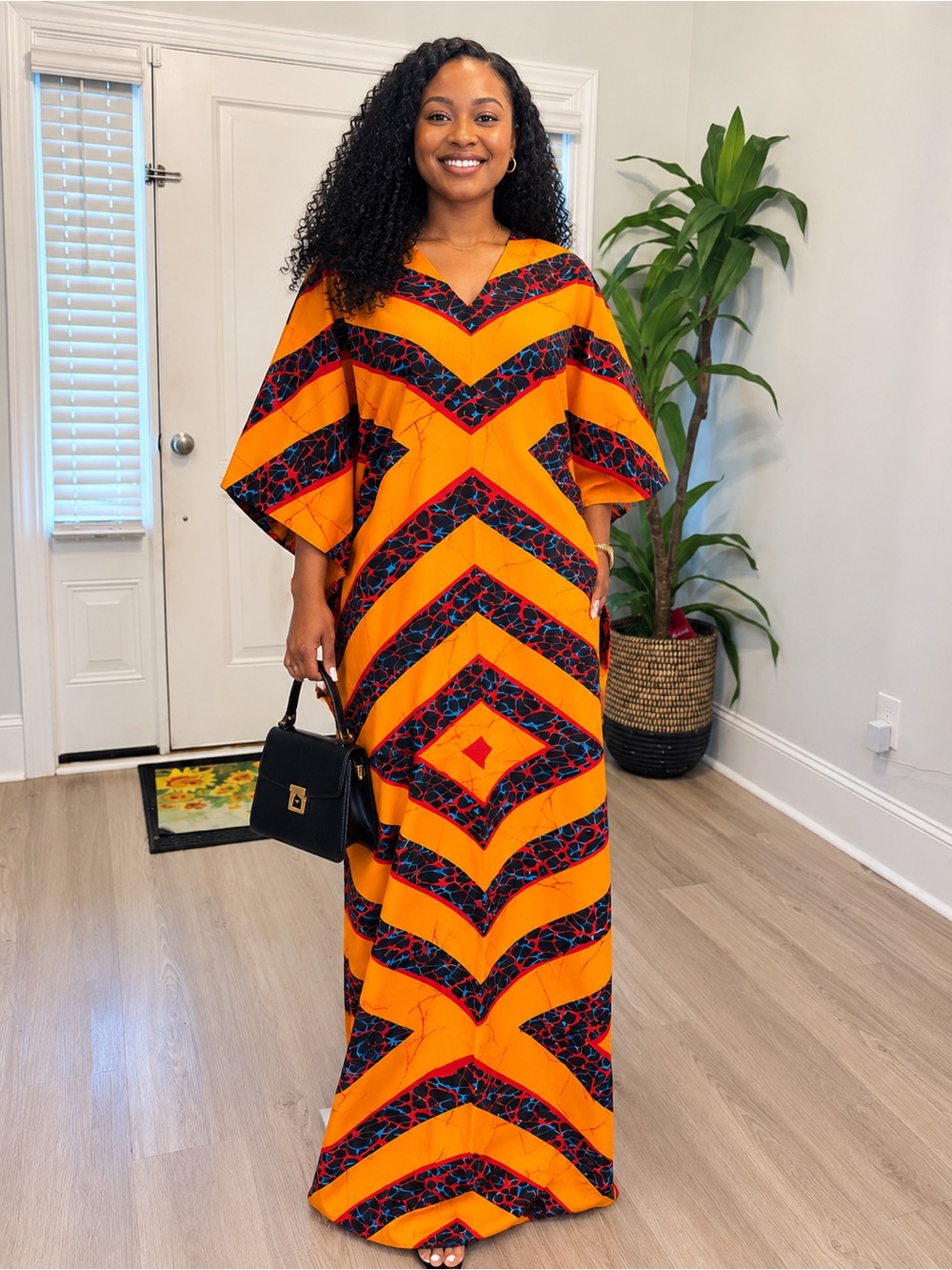 Vibrant Orange African Print Ankara Maxi Dress